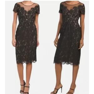Rene Ruiz illusion Lace Mesh Evening sheath Knee short sleeve Dress Navy Blue 8